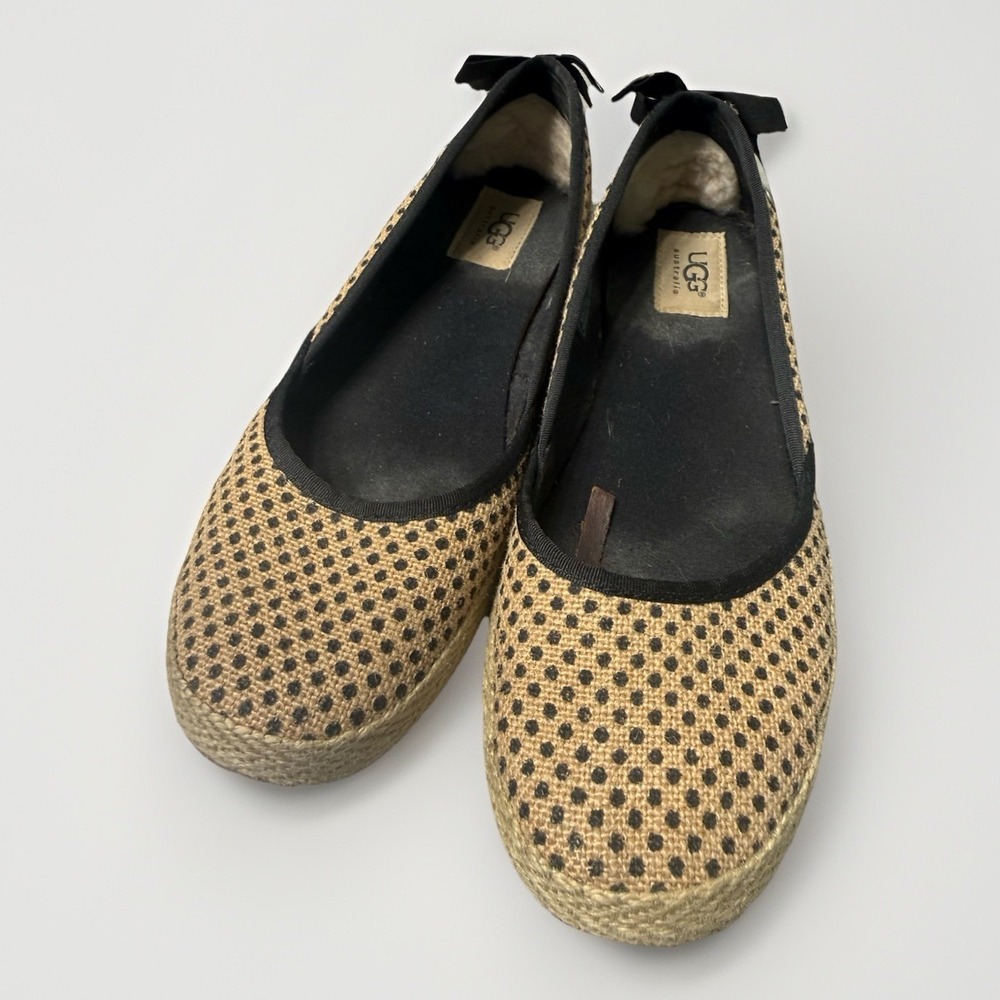 UGG Indah Burlap Tan W/ Black Dots Canvas Espadrille Ballet Flats size 8